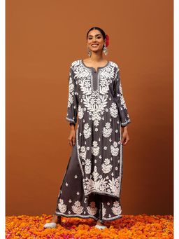 House of Chikankari - Grey Modal Chikankari Women's Long Kurta with Palazzo