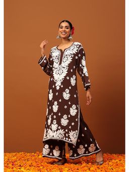 House of Chikankari - Brown Modal Chikankari Women's Long Kurta with Palazzo