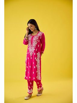Old Marigold - Pink Embroidered Chikankari Round Neck Kurta with Pant
