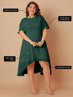 Zink London - Womens Bottle Green Solid Flared Midi Dress
