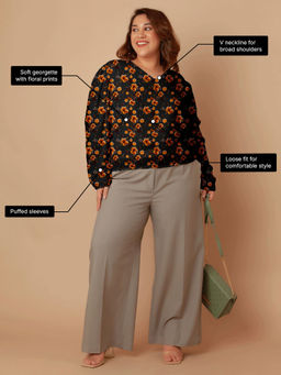 Zink London - Women Black with Brown Floral Print Regular Top