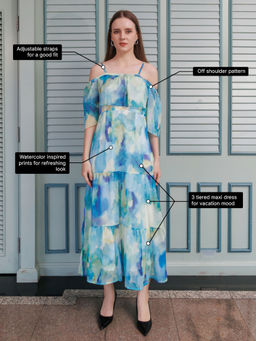 Zink London - Womens Blue Abstract Flared Maxi Dress