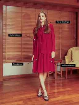 Zink London - Womens Red Solid Flared Knee Length Dress