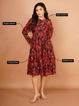 Zink London - Womens Black Floral Printed Flared Midi Dress