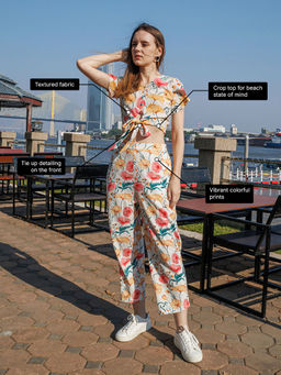 Zink London - Womens Off-White Tropical Print Blouson Crop Top