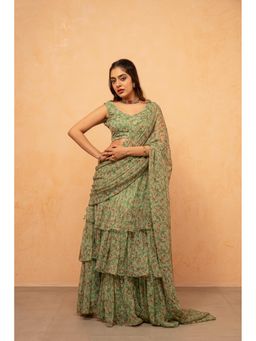 DEASHA INDIA - Tanisha Green Floral Pre-Draped Saree with Stitched Blouse
