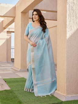 NIKATT - Blue Soft Tissue Linen Silk Saree with Unstitched Blouse