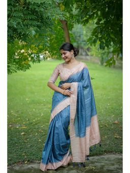 NIKATT - Blue Soft Tussar Silk Saree with Unstitched Blouse