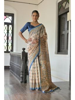 NIKATT - Navy Blue Soft Tussar Silk Saree with Unstitched Blouse