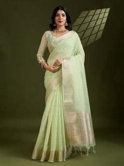 NIKATT - Green Soft Tissue Linen Silk Saree with Unstitched Blouse