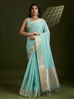 NIKATT - Blue Soft Tissue Linen Silk Saree with Unstitched Blouse