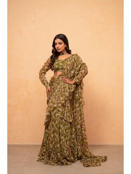 DEASHA INDIA - Sayna Green Forest Pre-Draped Saree with Stitched Blouse