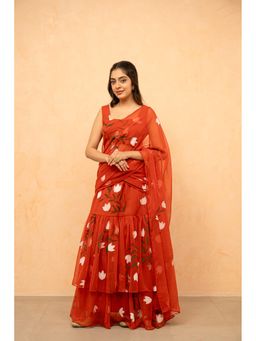 DEASHA INDIA - Suhani Orange Printed Pre-Draped Saree with Stitched Blouse
