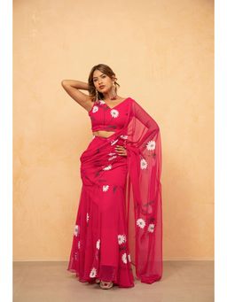DEASHA INDIA - Suhani Pink Printed Pre-Draped Saree with Stitched Blouse
