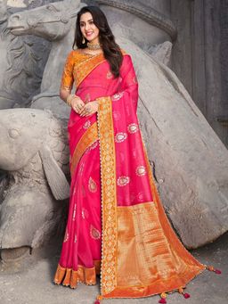 Odette - Pink Banarasi Silk Floral Designer Saree with Unstitched Blouse
