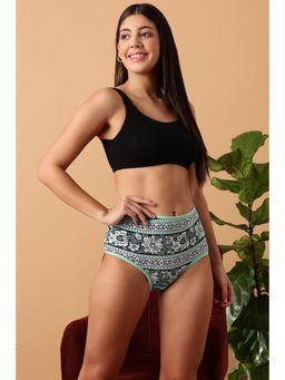 Clovia - High Waist Floral Print Hipster Panty In Green - Cotton