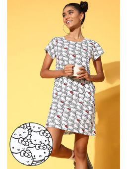 Clovia - Cotton Hello Kitty Printed Short Night Dress With Pocket - White (XL)