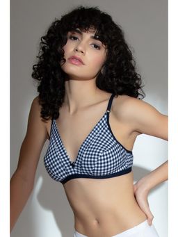 Clovia - Non-Padded Non-Wired Demi Cup Checkered Print Plunge Bra in Navy Blue- Cotton