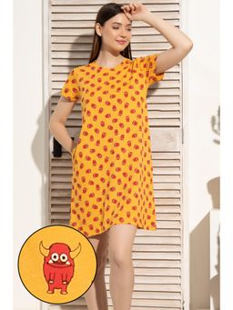 Clovia - Cotton Emoji Print Short Nightdress With Pocket-yellow
