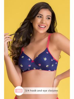 Clovia - Padded Non-wired Full Cup Floral Print T-shirt Bra In Royal Blue
