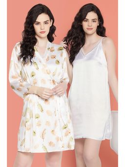 Clovia - Chic Basic Night Dress & Leaf Print Robe In - Satin White (Set of 2)