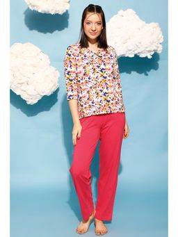 Clovia - Print Me Pretty Top & Solid Pyjama Set - 100 Percent Cotton - Multi-Color