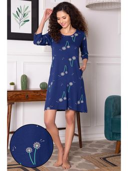 Clovia - Pretty Florals Short Night Dress - 100 Percent Cotton -Navy Blue