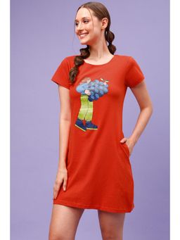Clovia - Graphic Print Short Nightdress in Red Pure Cotton