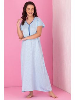 Clovia - Dot Print Long Night Dress in Sky Blue Pure Cotton