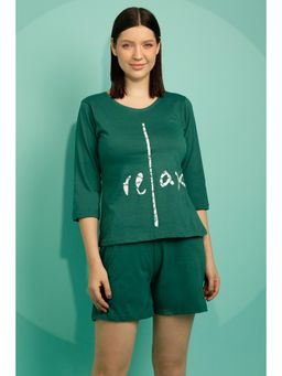 Clovia - Graphic & Text Print Top & Chic Basic Shorts In Green - 100% Cotton