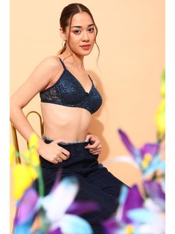 Clovia - Lace Printed Padded Full Cup Wire Free Bra - Dark Blue