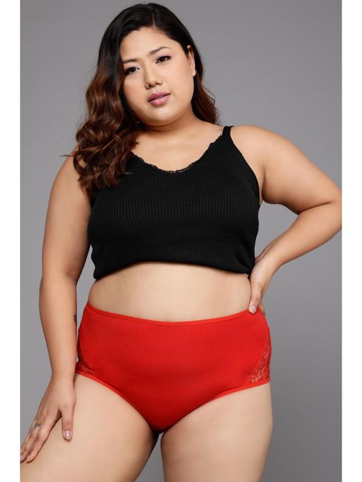 Clovia High Waist Hipster Panty In Red With Lace Panels - Cotton
