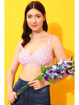 Clovia - Cotton Spandex Printed Padded Full Cup Wire Free T-shirt Bra - Light Pink