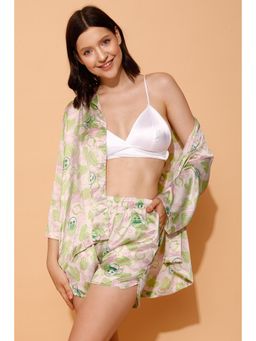 Clovia - Cactus & Emoji Print Nightwear In White Satin (Set of 3)