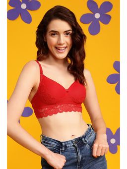 Clovia - Lace Solid Padded Full Cup Wire Free Bralette Bra - Red