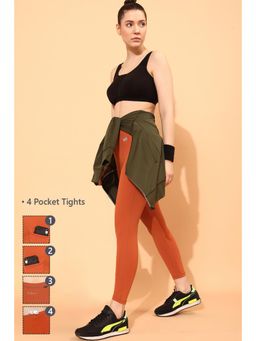 Clovia - Snug-Fit High-Rise 4 Pocket Active Tights in Orange