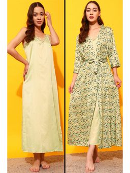 Clovia - Satin Printed Short Nightdress & Robe (Set of 3)