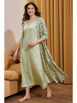 Clovia - Satin Printed Short Nightdress & Robe (Set of 3)