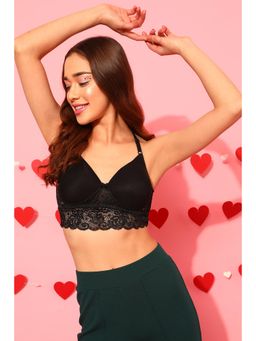 Clovia - Lace Lightly Padded Full Cup Wire Free Bralette Bra - Black