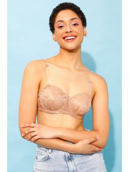 Clovia - Lace Lightly Padded Demi Cup Underwired Balconette Bra - Beige