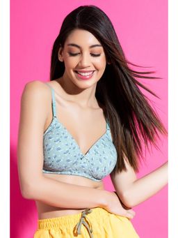 Clovia - Cotton Printed Padded Full Cup Wire Free T-Shirt Bra - Blue