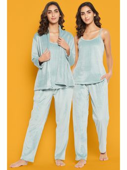 Clovia - Chic Basic Top, Pyjama & Shrug In Sage Green - Velour (Set of 3)