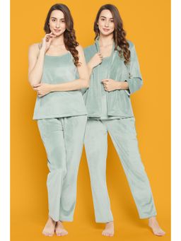 Clovia - Chic Basic Top, Pyjama & Shrug In Mint Green - Velour (Set of 3)