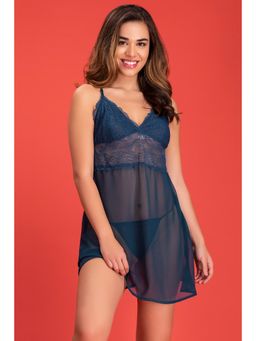 Clovia - Sheer Babydoll With Thong In Dark Blue - Georgette & Lace