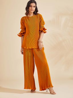 BOHO-CHIC By Sukriti Jain - Rust Ruffle Sleeved Pleated Co-ord Set