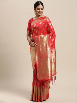Sareemall - Womens Silk Blend Red Woven Design Woven Saree with Unstitched Blouse