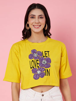 ANVI Be Yourself - Women Floral Printed Yellow Crop Oversized T-shirt