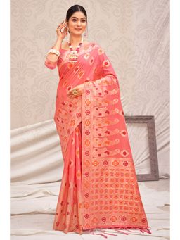 EXCLUSIVA - Peach Cotton Silk Saree with Unstitched