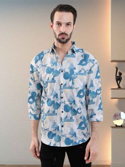 BOTABOCHI - Mens Cotton Dobby Quarter-Sleeve Shirt with Printed Design