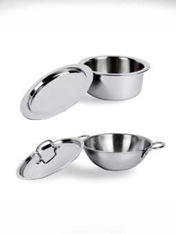 USHA SHRIRAM - Set of 2 - Triply Tope With SS Lid - 1.5L & Triply Kadai With SS Lid - 2.2L